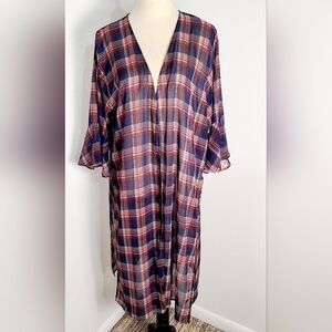Lildy Navy Blue, Red, White Plaid Open-Front Sheer Kimono, Size L-XL